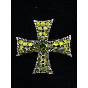 Vintage Weiss Maltese Cross Peridot Green Rhinestone Brooch